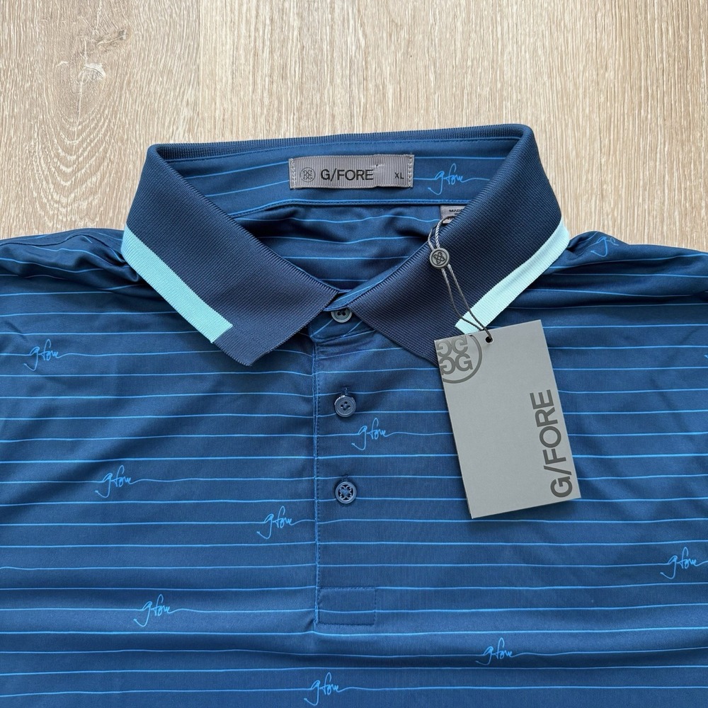 Men's Navy Striped Performance Polo Shirt by G/Fore - Picture 4 of 9